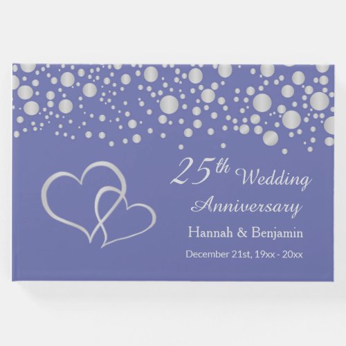 Silver confetti hearts on violet 25th Anniversary Guest Book