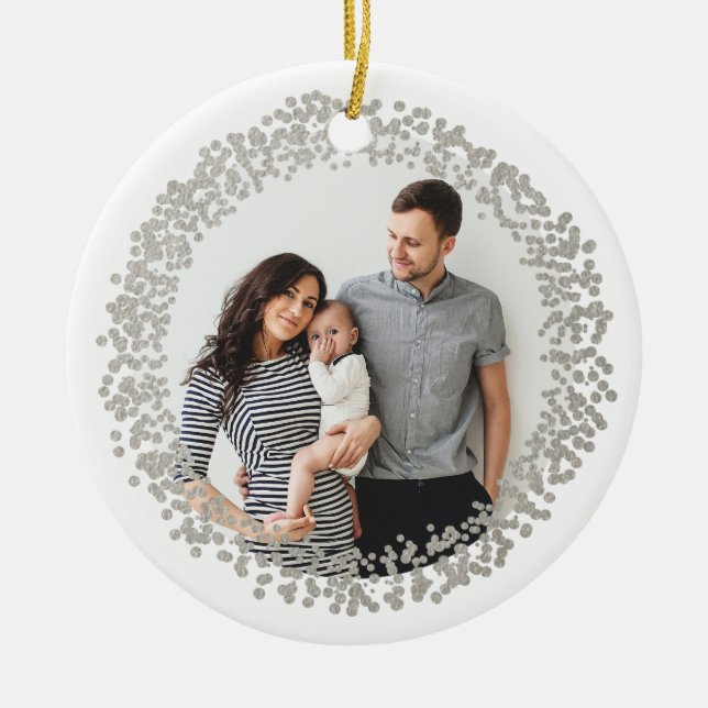 Silver Confetti Holiday Photo Christmas  Ceramic Ornament (Front)