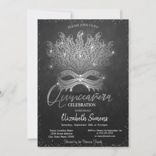 Silver Confetti Masque Dark Quinceaera  Invitation