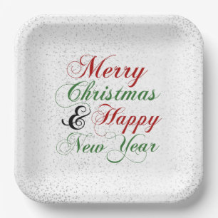 Silver Confetti Merry Christmas Happy New Year Paper Plates