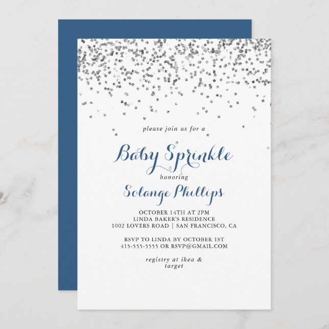 Silver Confetti Minimalist Baby Sprinkle Invitation (Front/Back)