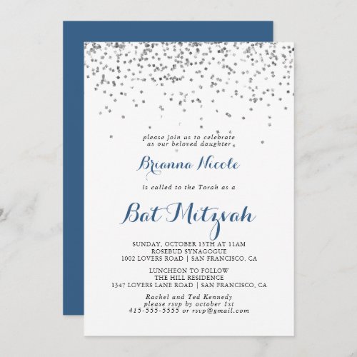 Silver Confetti Minimalist Bat Mitzvah Invitation