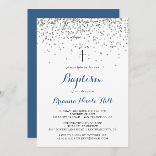 Silver Confetti Minimalist Calligraphy Baptism  Invitation