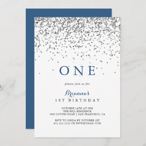 Silver Confetti Minimalist First Birthday Party  Invitation