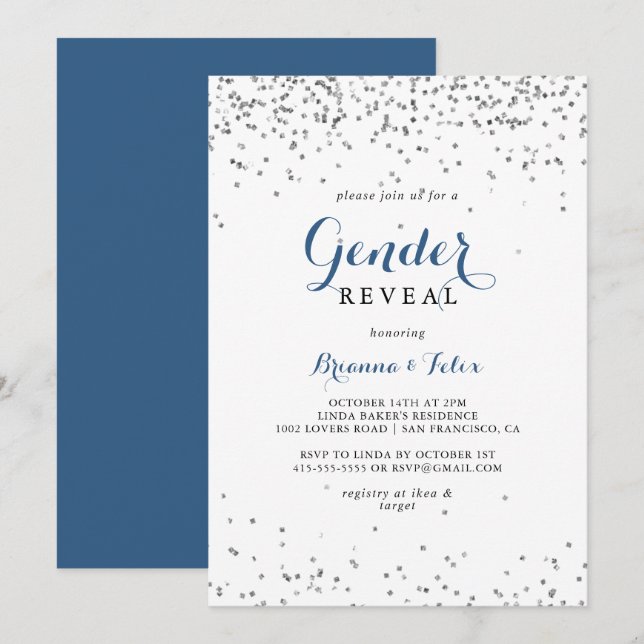Silver Confetti Minimalist Gender Reveal Party  Invitation (Front/Back)