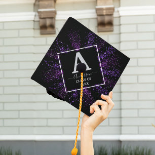 Silver Confetti Monogram Custom Graduation Elegant Cap Topper