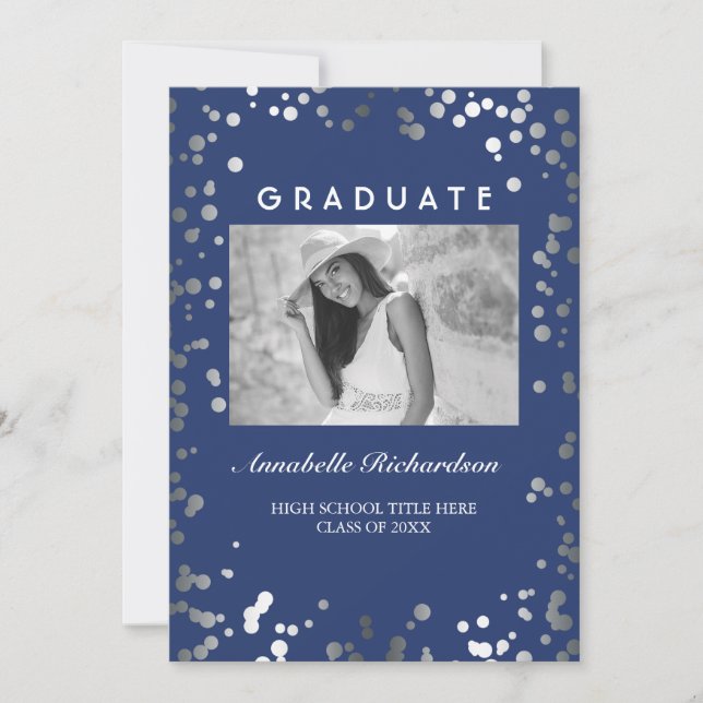 Silver Confetti Navy Blue Elegant Photo Graduation Invitation (Front)