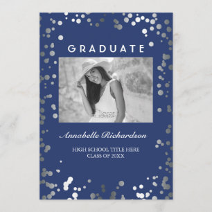 Silver Confetti Navy Blue Elegant Photo Graduation Invitation