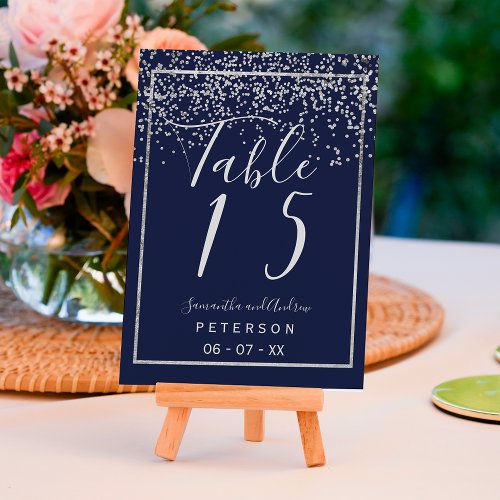 Silver confetti navy blue script wedding table table number