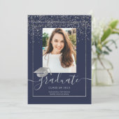 Silver confetti navy blue typography graduation invitation (Standing Front)