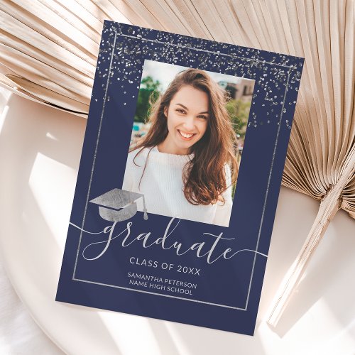 Silver confetti navy blue typography graduation invitation