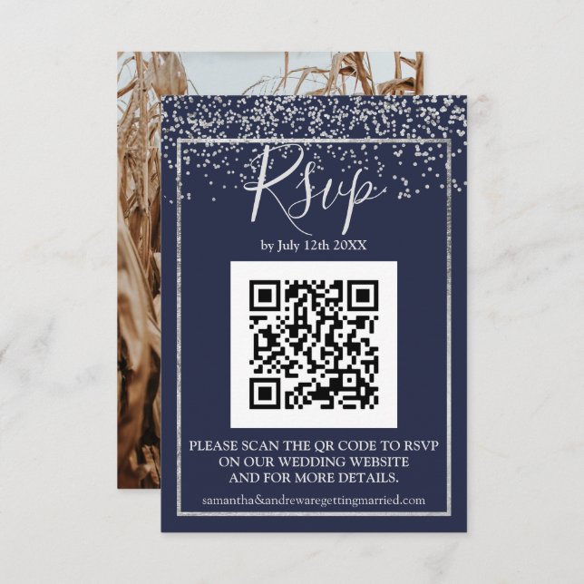 Silver confetti navy blue typography qr code rsvp (Front/Back)