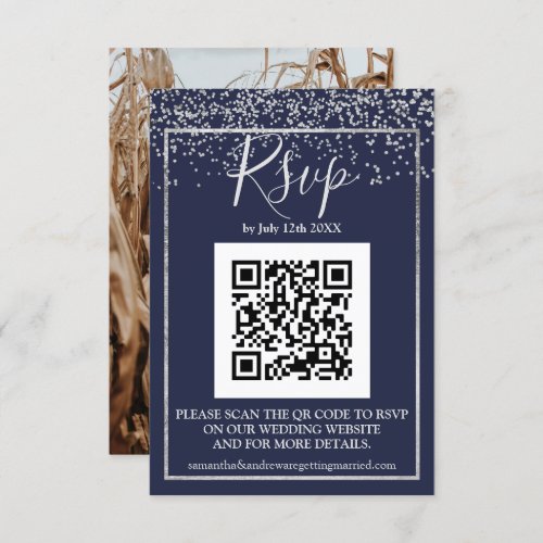 Silver confetti navy blue typography qr code rsvp