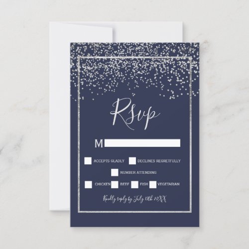 Silver confetti navy blue typography rsvp