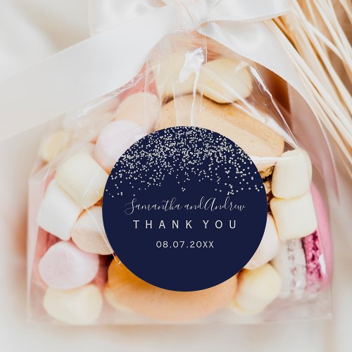 SIlver confetti navy blue typography Thank you Classic Round Sticker