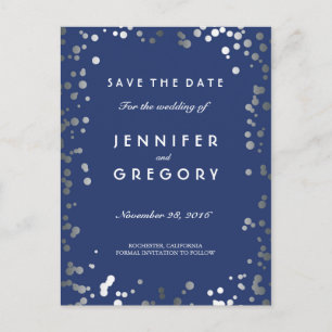 Silver Confetti Navy Elegant Save the Date Announcement Postcard