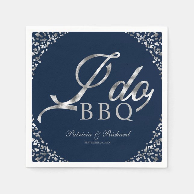 Silver Confetti Navy I Do BBQ Engagement Party Napkins (Front)