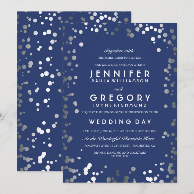Silver Confetti Navy Modern and Elegant Wedding Invitation (Front/Back)