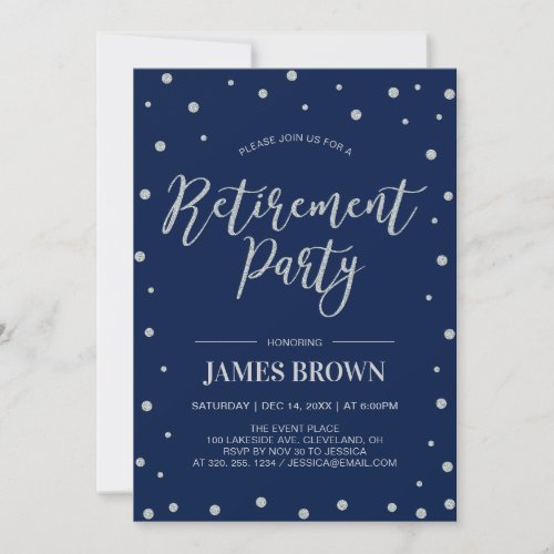 Silver Confetti  Navy  Modern Retirement Party Invitation