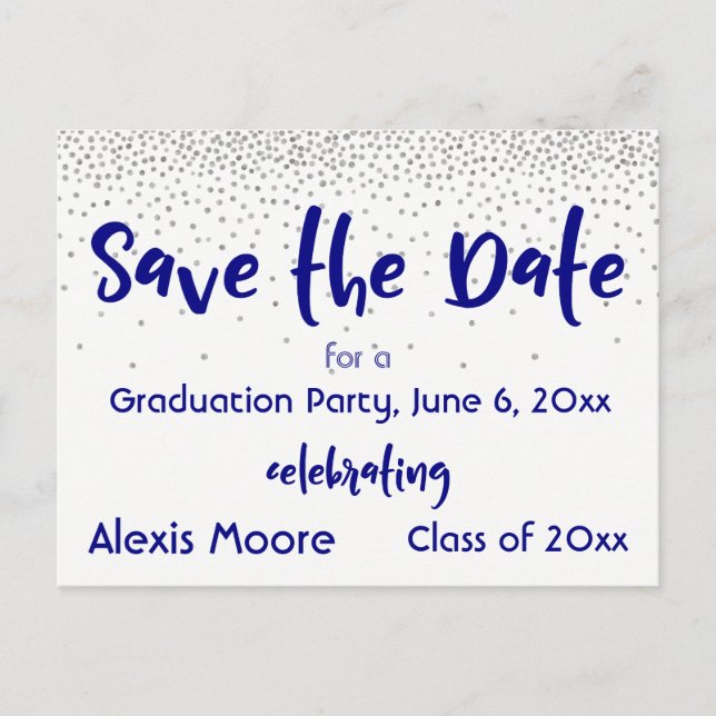 Silver Confetti Navy Save the Date Graduation Date Announcement Postcard (Front)