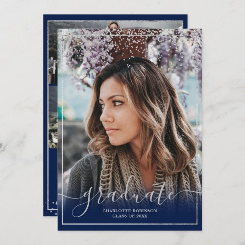 Silver confetti navy script photo graduation invitation