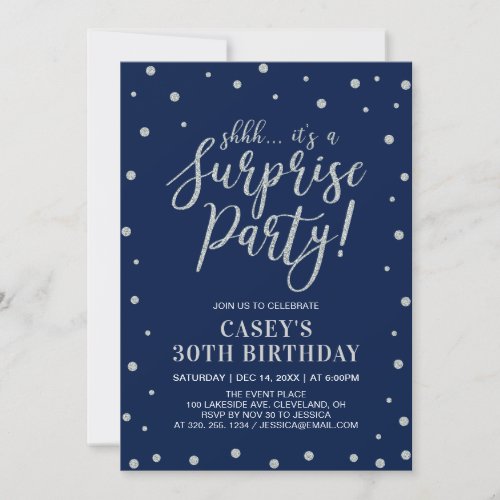 Silver Confetti  Navy  Surprise Birthday Party Invitation