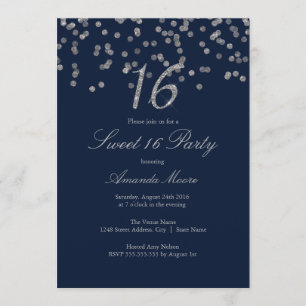 Silver Confetti Navy Sweet Sixteen Invitation