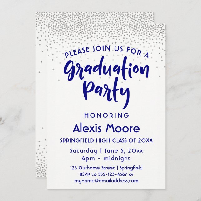 Silver Confetti & Navy Typography Grad Party, 2 Invitation (Front/Back)