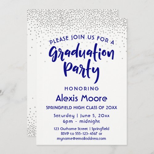 Silver Confetti  Navy Typography Grad Party 2 Invitation