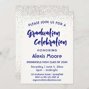 Silver Confetti & Navy Typography Graduation Party Invitation