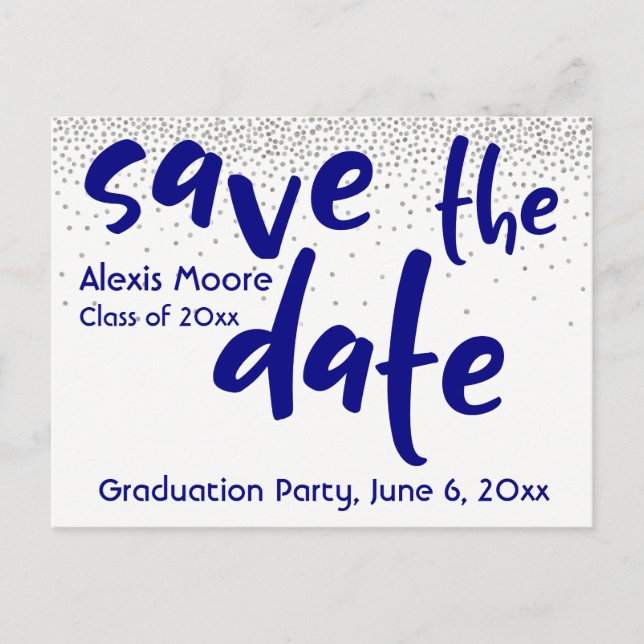 Silver Confetti Navy Typography Save the Date 1 Announcement Postcard (Front)
