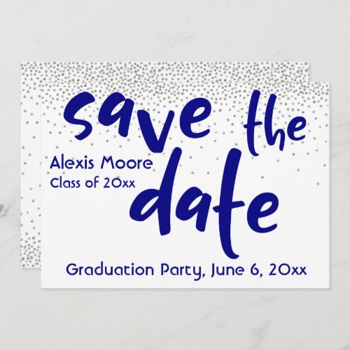 Silver Confetti Navy Typography Save the Date 1b Invitation