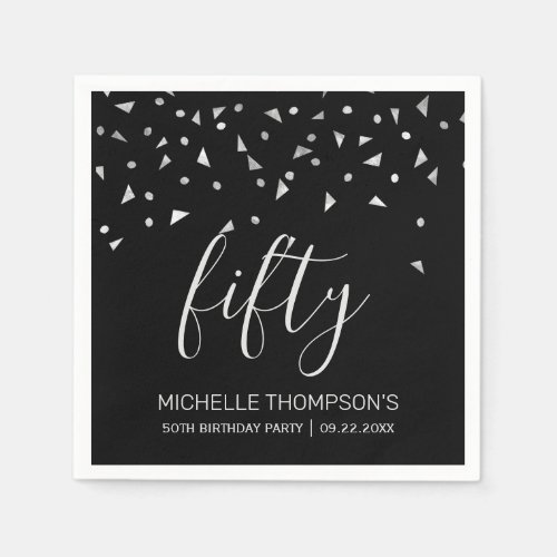 Silver Confetti on Black 50th Birthday Party Napkins