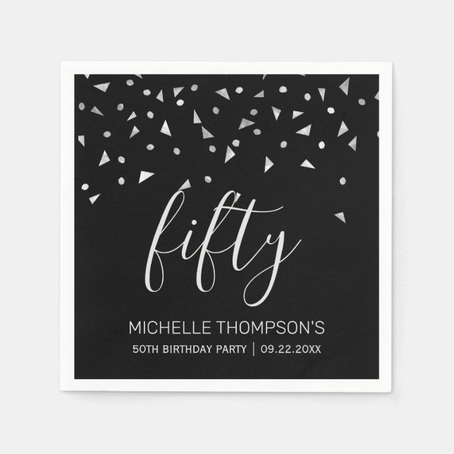 Silver Confetti on Black 50th Birthday Party Napkins (Front)