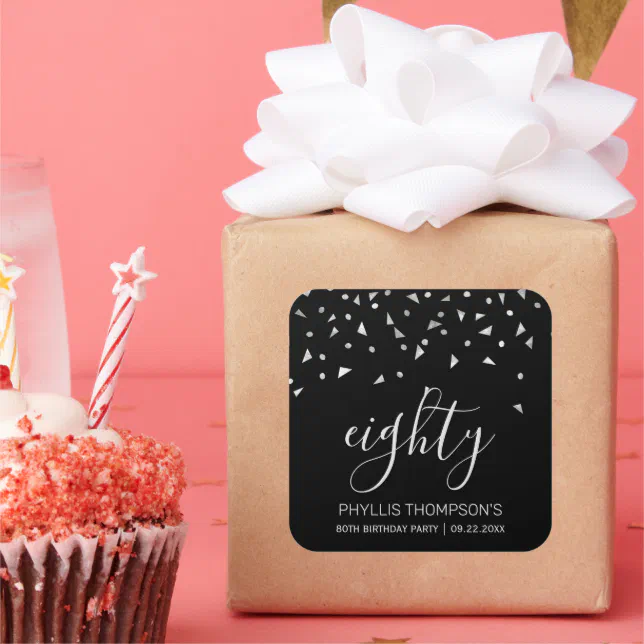 Silver Confetti on Black 80th Birthday Square Sticker | Zazzle