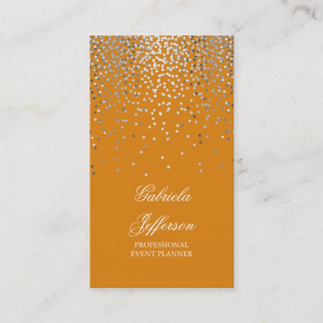 Silver Confetti Orange Elegant Glamour Vintage Business Card (Front)