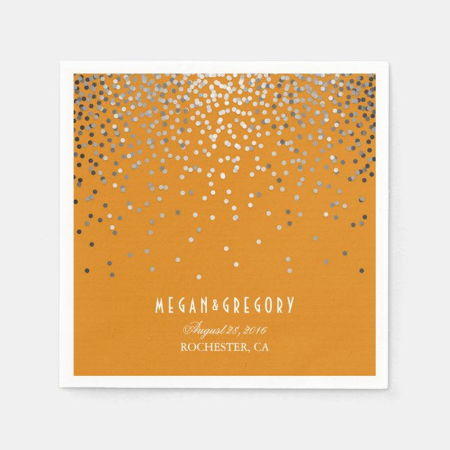 Silver Confetti Orange Wedding Paper Napkins (Front)