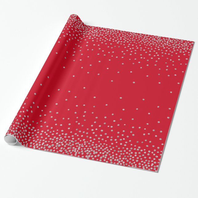Silver Confetti Over Cherry Red Holiday Style Wrapping Paper (Unrolled)