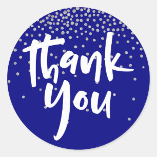 Silver Confetti Over Navy, Modern "Thank You" Type Classic Round Sticker