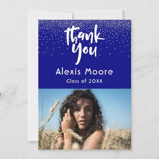 Silver Confetti Over Navy Photo Grad 3 Thank You Announcement (Front)