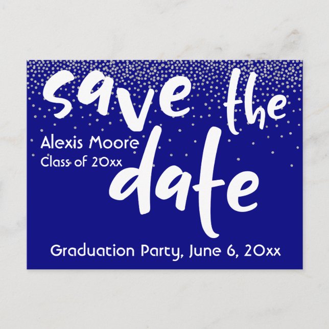 Silver Confetti Over Navy, Save the Date 1 Announcement Postcard (Front)