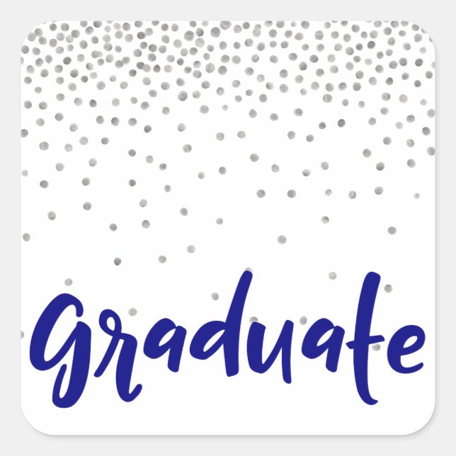 Silver Confetti Over White: Modern "Graduation" Square Sticker (Front)