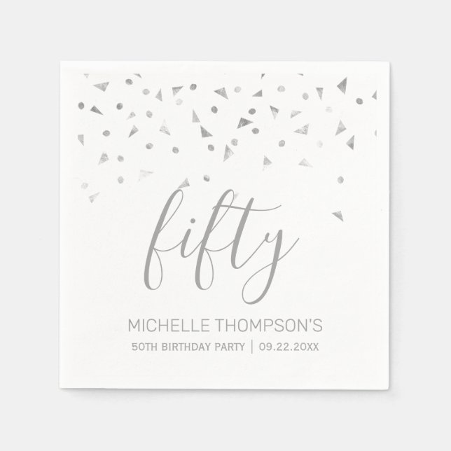 Silver Confetti Personalized 50th Birthday Party Napkins (Front)