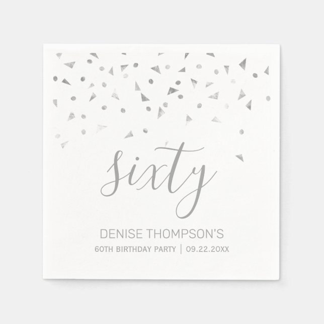 Silver Confetti Personalized 60th Birthday Party Napkins (Front)