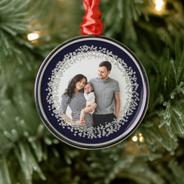 Silver Confetti Photo Christmas Metal Ornament (Tree)