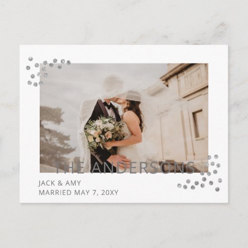 Silver Confetti Photo Wedding Announcement Postcard