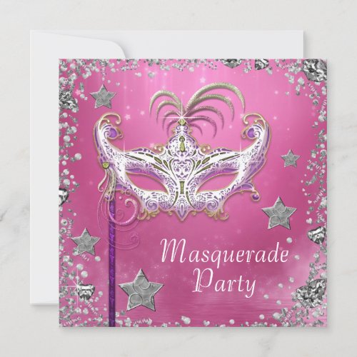 Silver Confetti Pink Black Masquerade Party Custom Invites