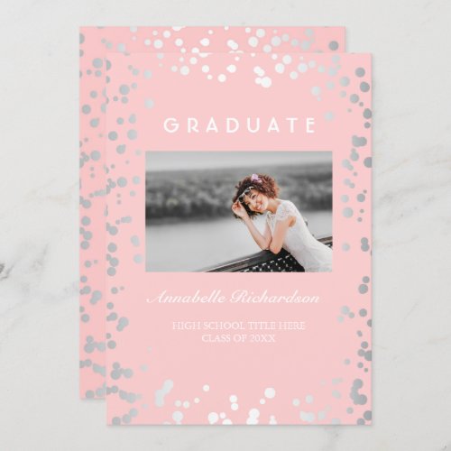 Silver Confetti Pink Elegant Photo Graduation Invitation - Silver and blush pink - the confetti dots photo graduation party invitation and graduation announcement in one.