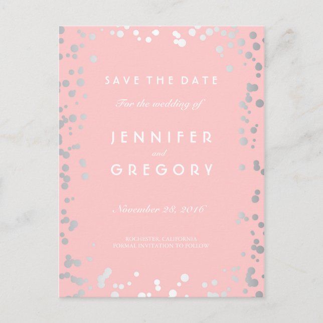 Silver Confetti Pink Elegant Save the Date Announcement Postcard (Front)