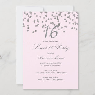 Silver Confetti Pink Sweet Sixteen Invitation